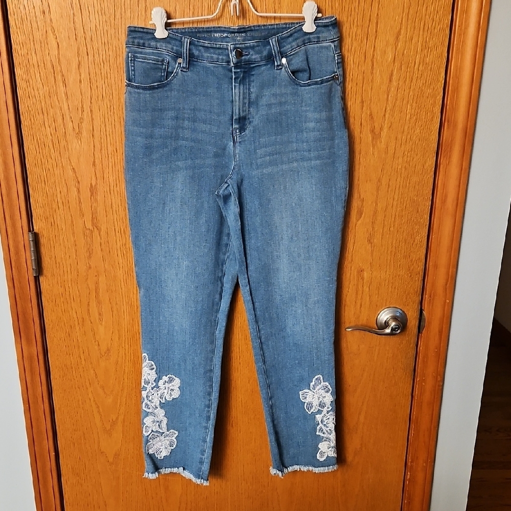 Chico's Blue Jeans with White Floral Embroidery